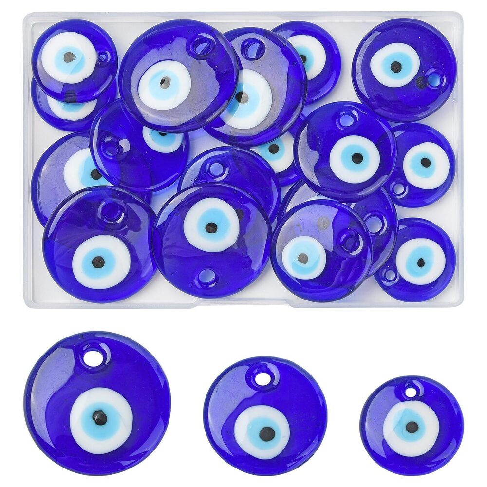 5779 18Pcs Flat Round Blue Evil Eye Glass Pendants Handmade Lampwork Evil